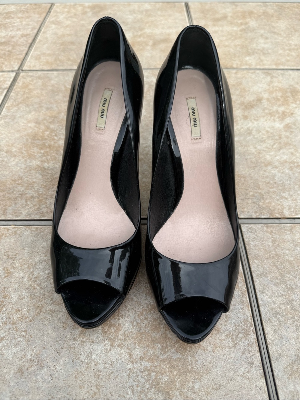 Miu Miu Black Patent Peep-Toe Stiletto Pumps - Picture 2 of 16